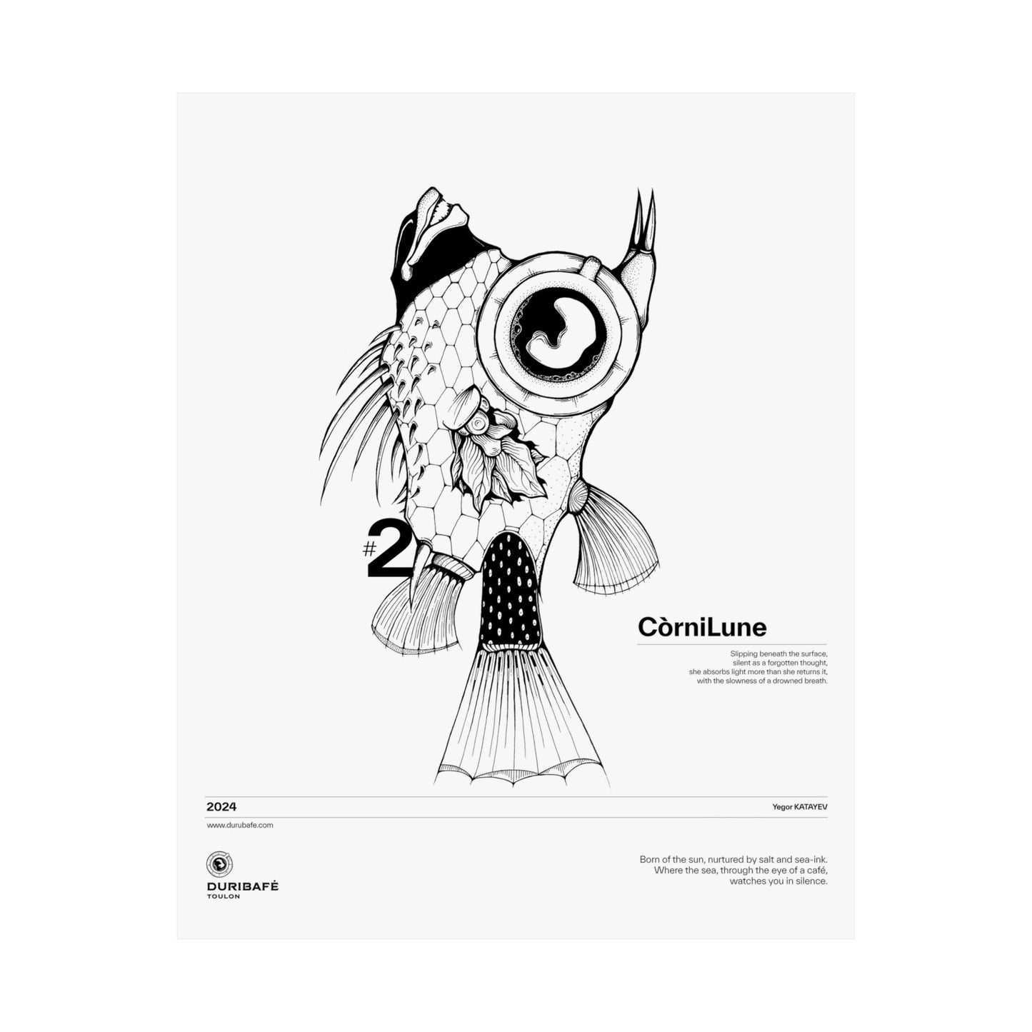 CorniLune – Ink Poster of a Surreal Sea Creature with a Coffee Eye