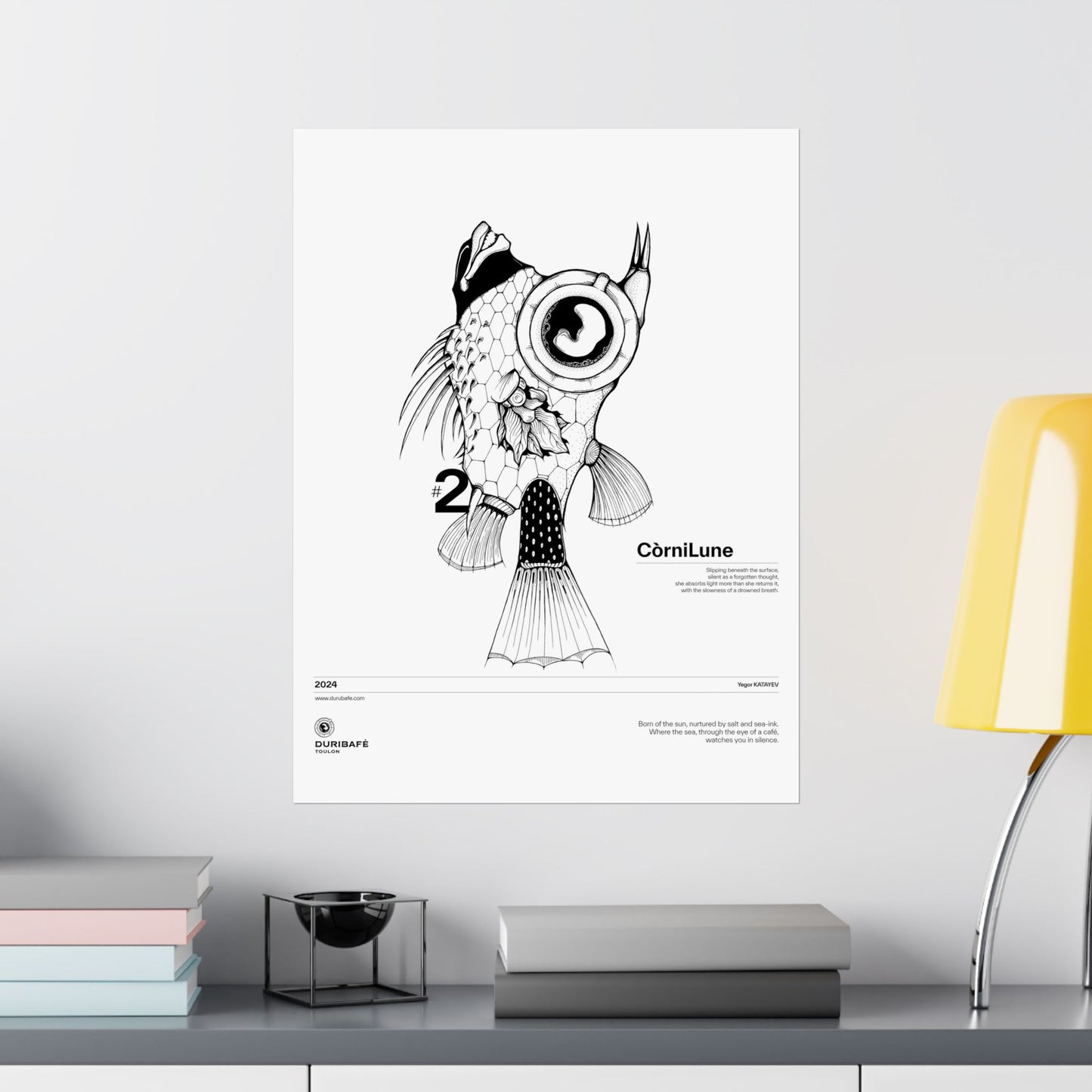 CorniLune – Ink Poster of a Surreal Sea Creature with a Coffee Eye