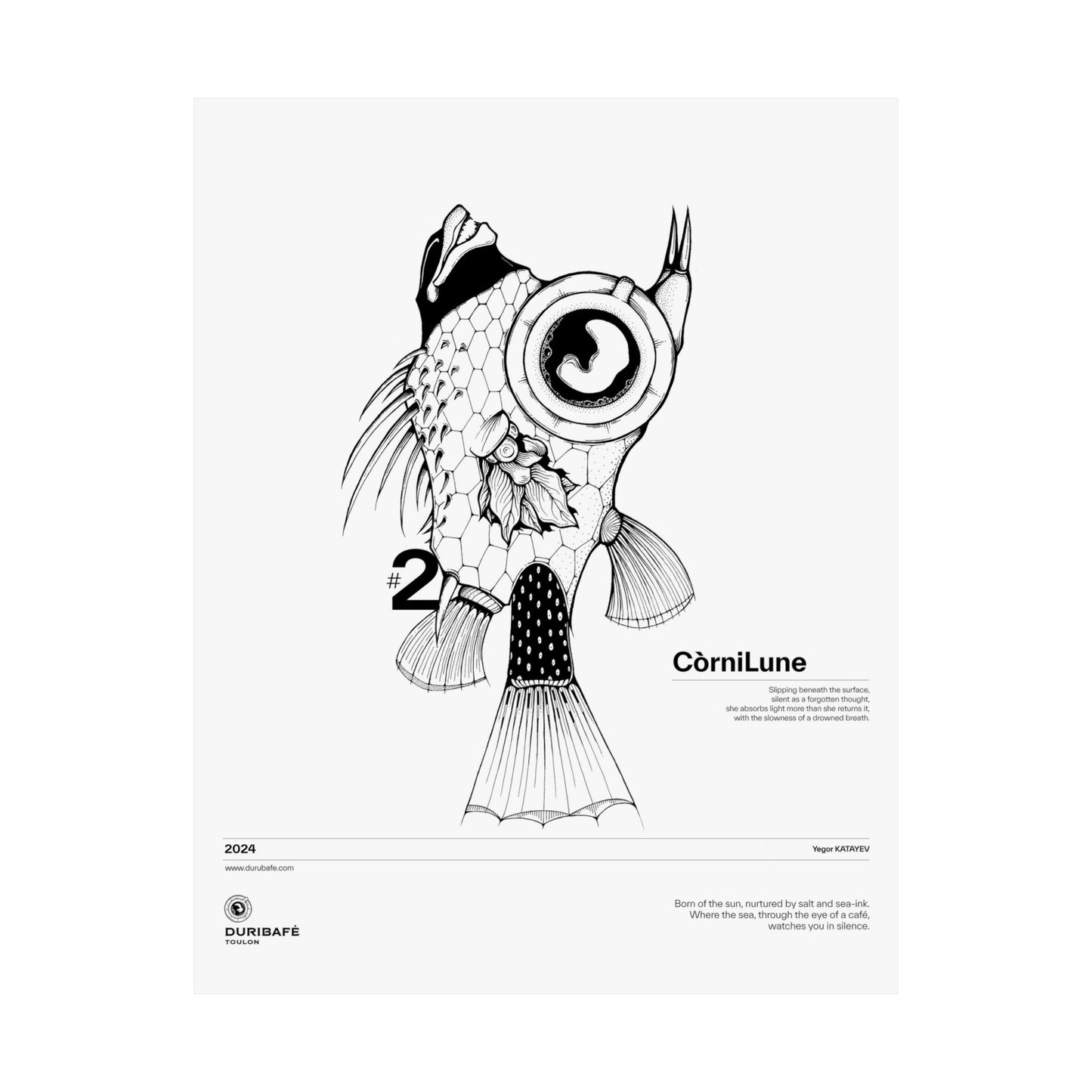 CorniLune – Ink Poster of a Surreal Sea Creature with a Coffee Eye