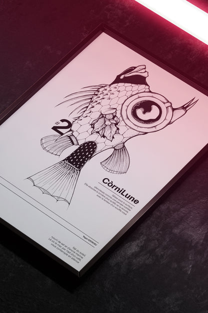 CorniLune – Ink Poster of a Surreal Sea Creature with a Coffee Eye